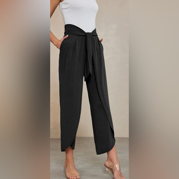 Women High Waist Wide Leg Pant Pocket Loose Beach Trousers for Vacation Black - Picture 4 of 7